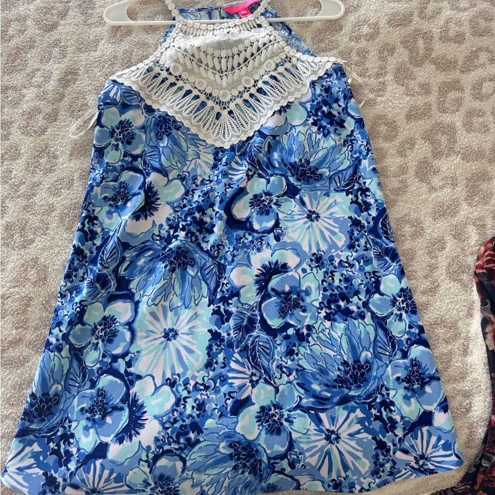 Lilly Pulitzer Blue Floral Halter Dress with White Crochet Yoke